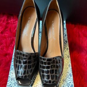 A. Marinelli Chocolate Croc-Patterned Heels